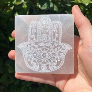 Selenite Hamsa Hand Etched Charging Plate, Hand Carved Polished Square Plate